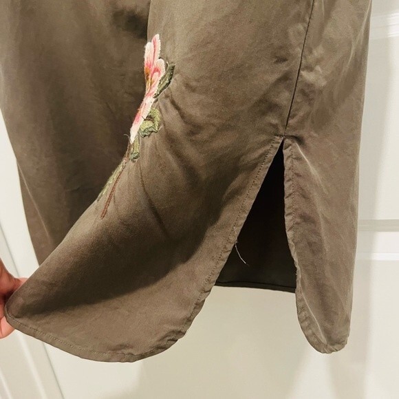 Miss Me Shirt Dress Women's Sz. Small Button Down Olive Green Floral Embroidery - Picture 7 of 12